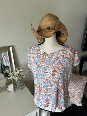 Rachel Zoe 100% linen white orange boho floral boxy short top S M